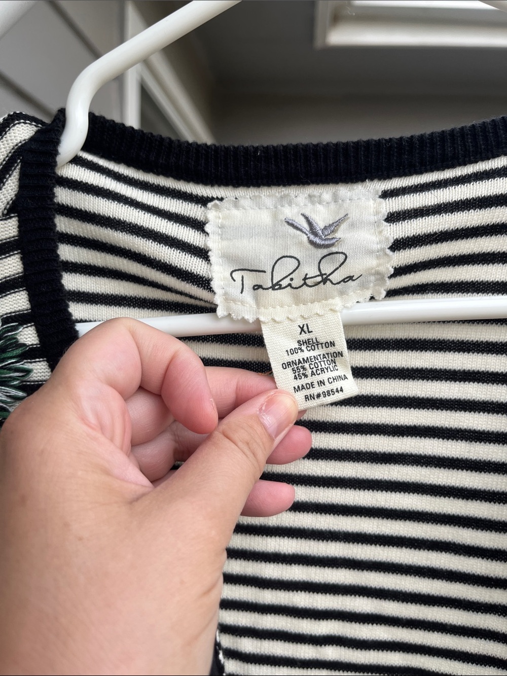 Tabitha Black and White Striped Open-Front Cardigan with Green Floral Embroidery - Picture 2 of 5